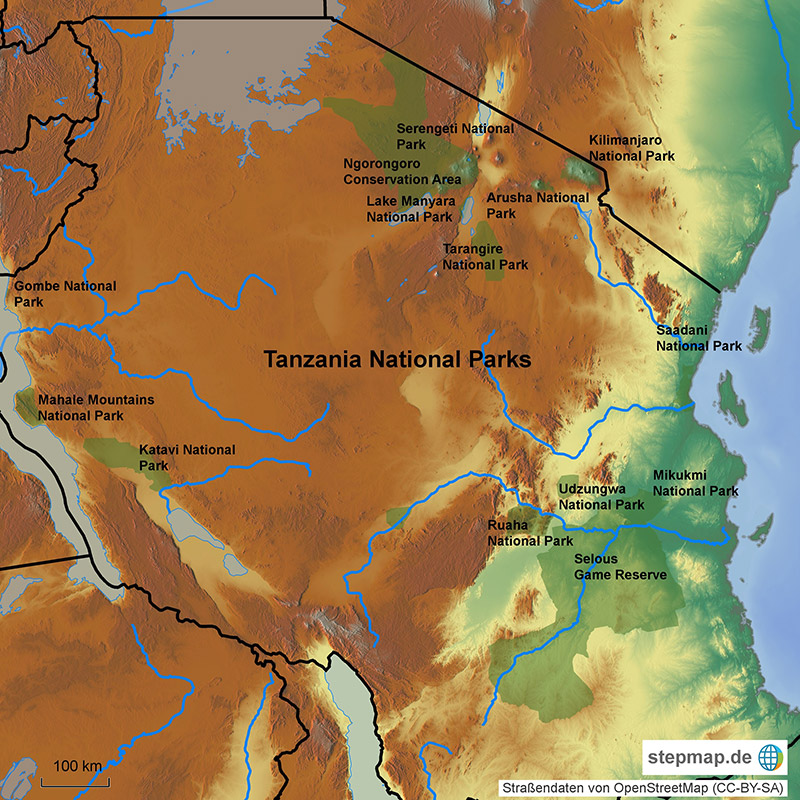 Karte von den Nationalparks von Tansania
