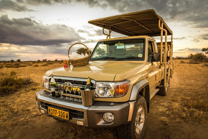 a sundowner during a game drive in namibia